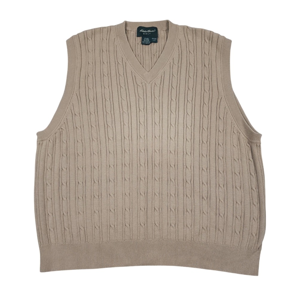 Vintage Eddie Bauer Golf Sweater Vest Mens Large Beige Cotton Cable Knit V Neck